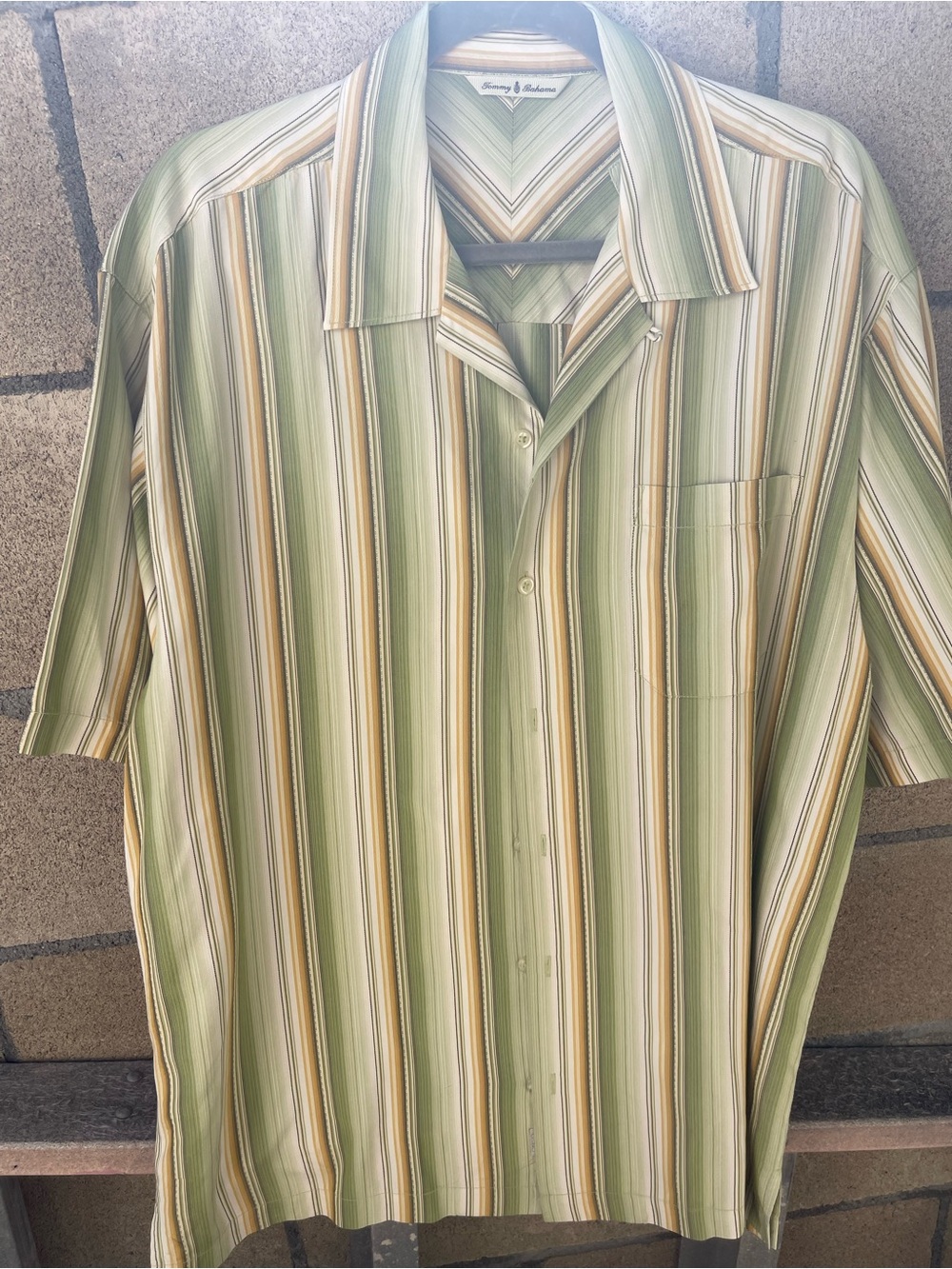 Tommy Bahama 100% Silk Hawaiian Camp Shirt Green Tan Striped Button Up Men’s L